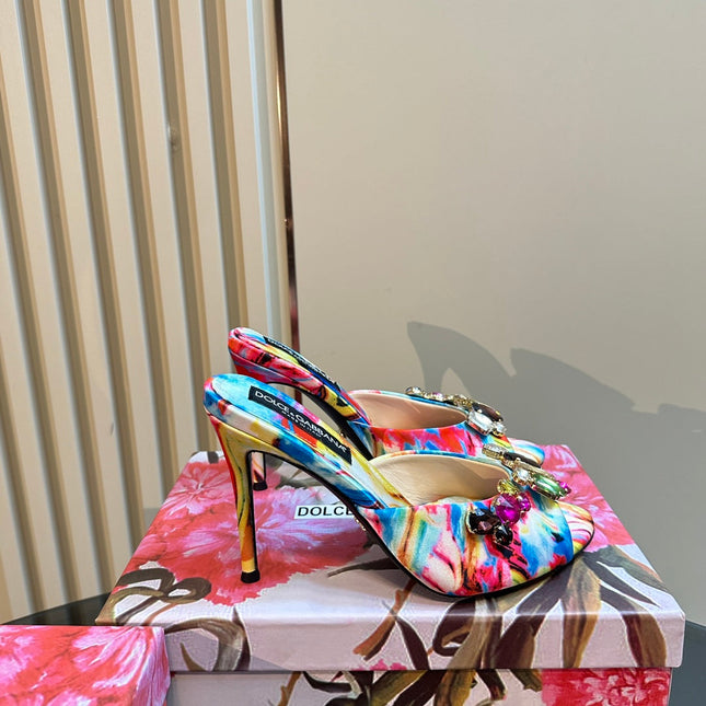 DG 100MM FOOTWEAR – MULTICOLOR SATIN MULES WITH CRYSTAL EMBELLISHMENTS