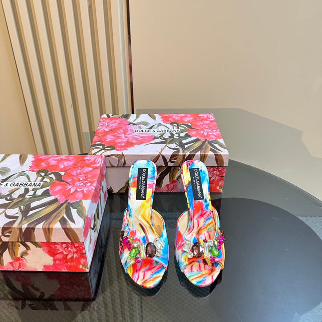 DG 100MM FOOTWEAR – MULTICOLOR SATIN MULES WITH CRYSTAL EMBELLISHMENTS