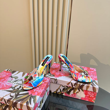 DG 100MM FOOTWEAR – MULTICOLOR SATIN MULES WITH CRYSTAL EMBELLISHMENTS