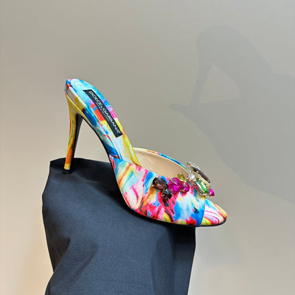 DG 100MM FOOTWEAR – MULTICOLOR SATIN MULES WITH CRYSTAL EMBELLISHMENTS
