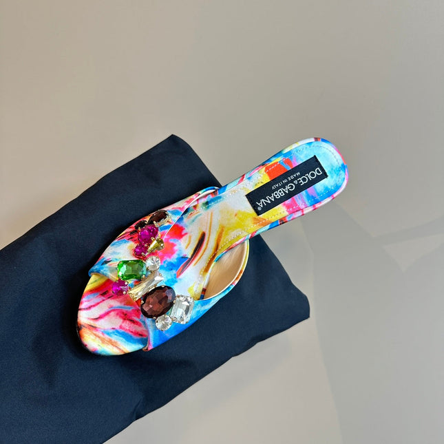 DG 100MM FOOTWEAR – MULTICOLOR SATIN MULES WITH CRYSTAL EMBELLISHMENTS