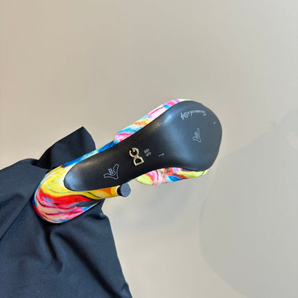 DG 100MM FOOTWEAR – MULTICOLOR SATIN MULES WITH CRYSTAL EMBELLISHMENTS