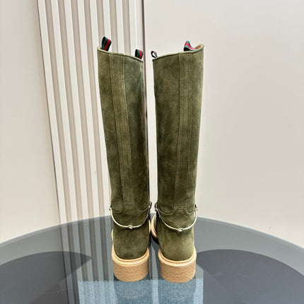 SLIM HORSEBIT KNEE BOOTS WITH WEB IN KHAKI GREEN SUEDE