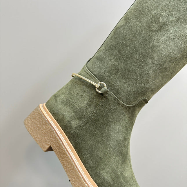 SLIM HORSEBIT KNEE BOOTS WITH WEB IN KHAKI GREEN SUEDE