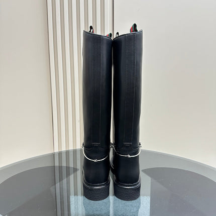 SLIM HORSEBIT KNEE BOOTS WITH WEB IN BLACK CALFSKIN