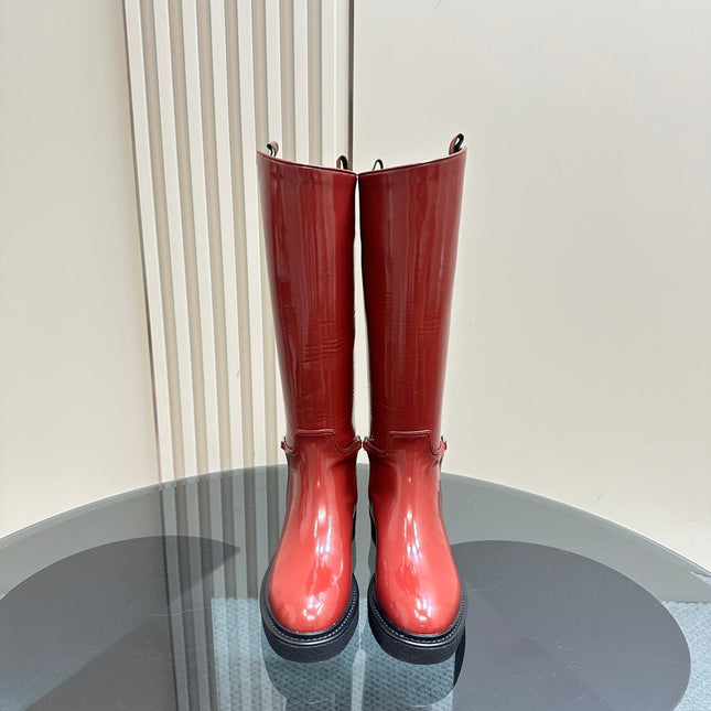 SLIM HORSEBIT KNEE BOOTS WITH WEB IN RED GLOSSY CALFSKIN