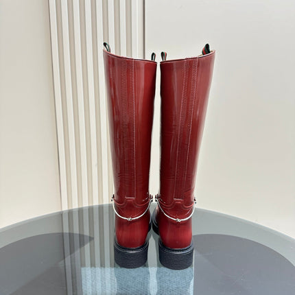 SLIM HORSEBIT KNEE BOOTS WITH WEB IN RED GLOSSY CALFSKIN