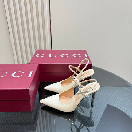 POINTED-TOE HIGH BAMBOO-EFFECT HEEL SLINGBACK IN CREAM PATENT CALFSKIN