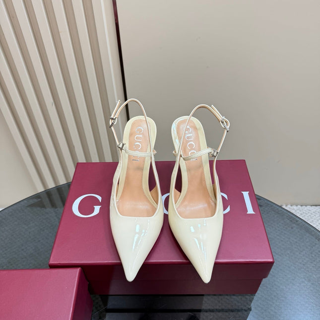 POINTED-TOE HIGH BAMBOO-EFFECT HEEL SLINGBACK IN CREAM PATENT CALFSKIN