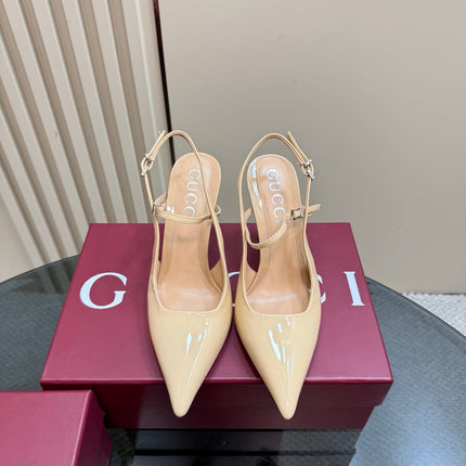 POINTED-TOE HIGH BAMBOO-EFFECT HEEL SLINGBACK IN BEIGE PATENT CALFSKIN