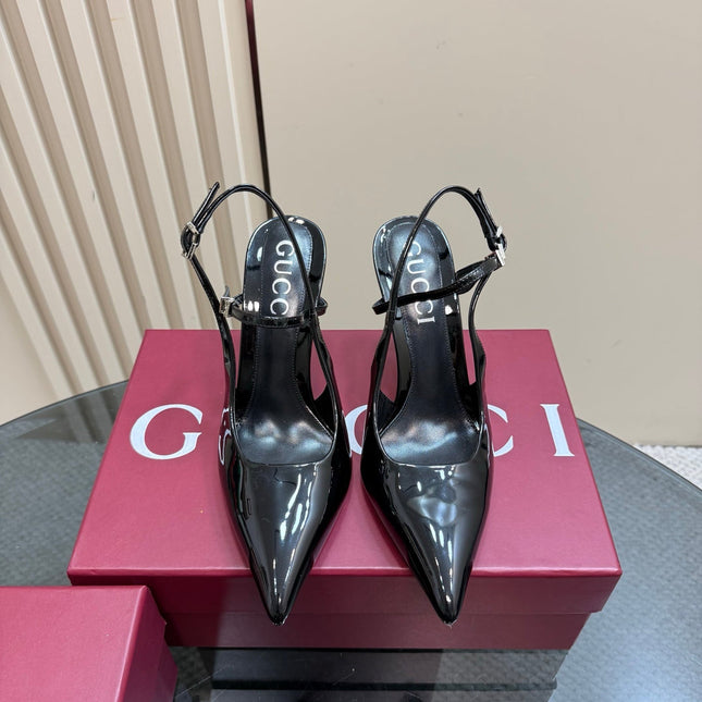 POINTED-TOE HIGH BAMBOO-EFFECT HEEL SLINGBACK IN BLACK PATENT CALFSKIN