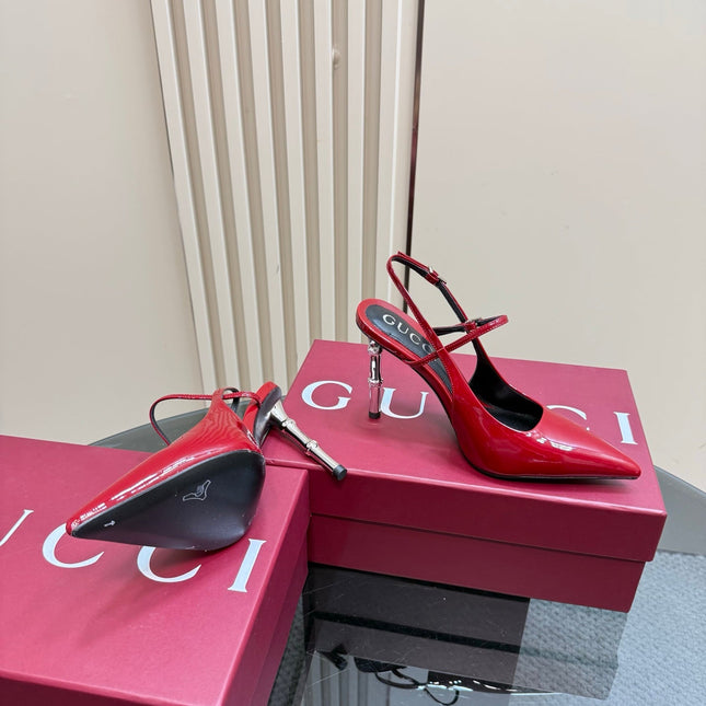 POINTED-TOE HIGH BAMBOO-EFFECT HEEL SLINGBACK IN RED PATENT CALFSKIN