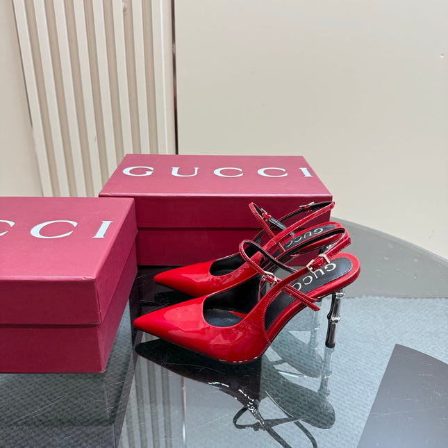 POINTED-TOE HIGH BAMBOO-EFFECT HEEL SLINGBACK IN RED PATENT CALFSKIN