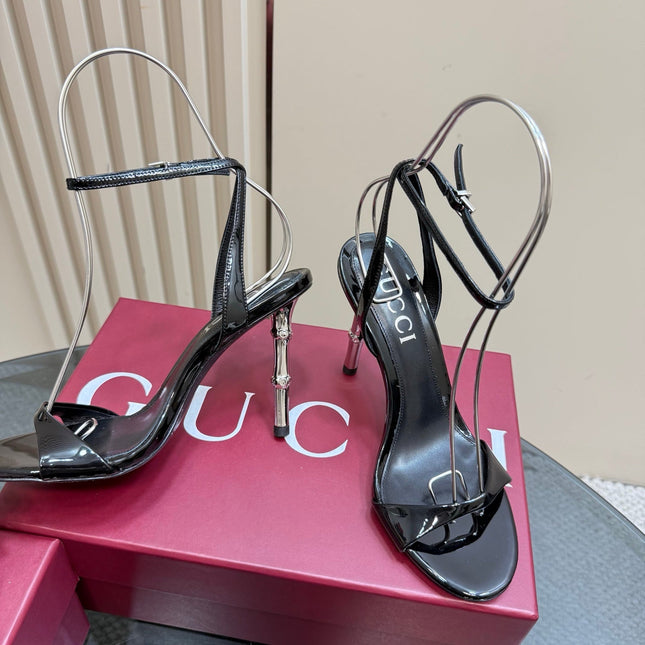 STRAP HIGH BAMBOO-EFFECT HEEL SANDAL IN BLACK PATENT CALFSKIN