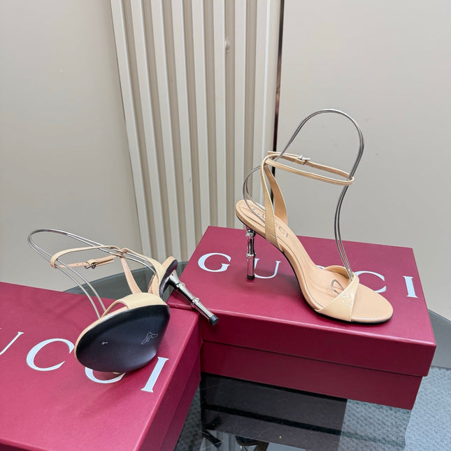 STRAP HIGH BAMBOO-EFFECT HEEL SANDAL IN BEIGE PATENT CALFSKIN