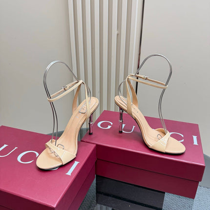 STRAP HIGH BAMBOO-EFFECT HEEL SANDAL IN BEIGE PATENT CALFSKIN
