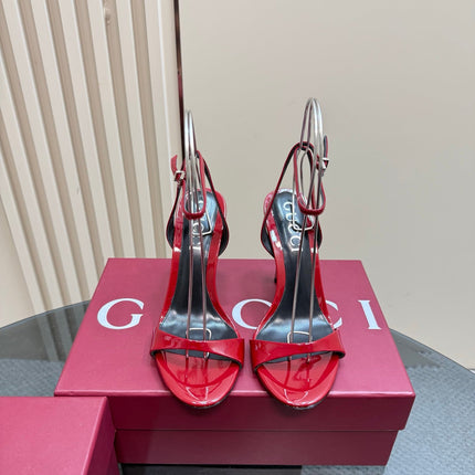 STRAP HIGH BAMBOO-EFFECT HEEL SANDAL IN RED PATENT CALFSKIN