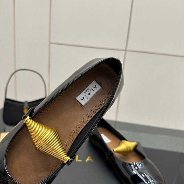 ALAIA BALLET SHOES 25S IN BLACK PATENT LEATHER WITH GOLD HARDWARE