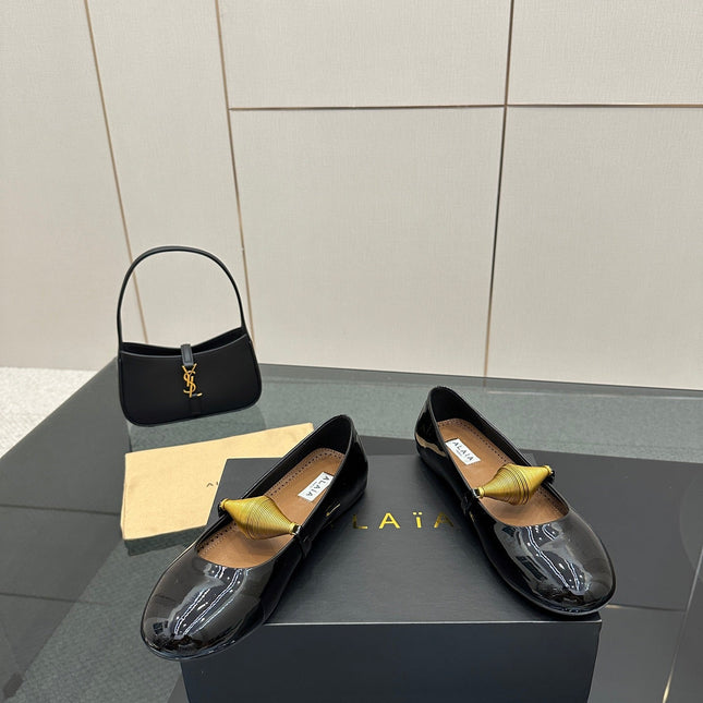 ALAIA BALLET SHOES 25S IN BLACK PATENT LEATHER WITH GOLD HARDWARE