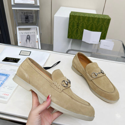 LOAFERS WITH SILVER HARDWARE IN BEIGE SUEDE