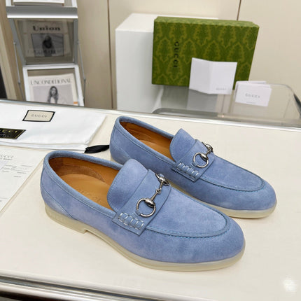 LOAFERS WITH SILVER HARDWARE IN CORNFLOWER BLUE SUEDE