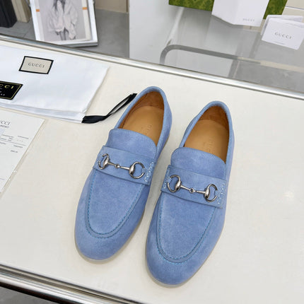 LOAFERS WITH SILVER HARDWARE IN CORNFLOWER BLUE SUEDE