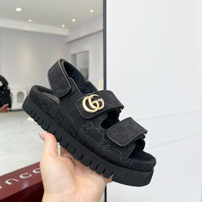VELCRO STRAP SANDALS IN BLACK MONOGRAM CANVAS GOLD HARDWARE