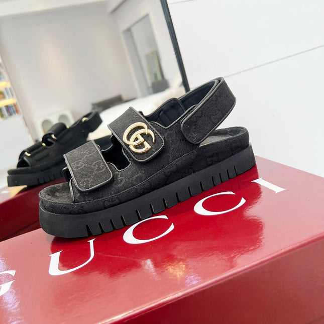 VELCRO STRAP SANDALS IN BLACK MONOGRAM CANVAS GOLD HARDWARE