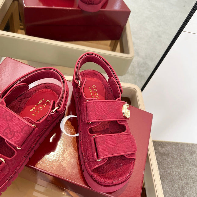 VELCRO STRAP SANDALS IN BRICK RED MONOGRAM CANVAS GOLD HARDWARE