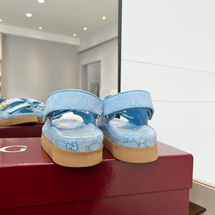 VELCRO STRAP SANDALS IN SKY BLUE MONOGRAM CANVAS GOLD HARDWARE