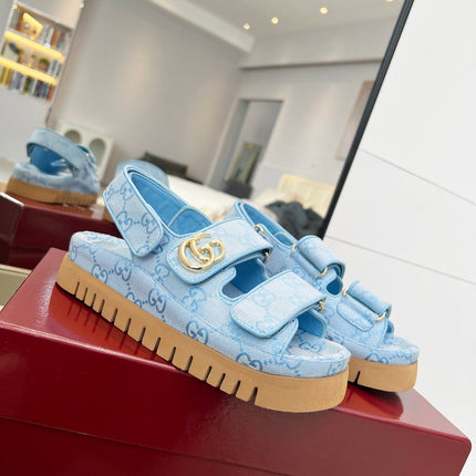 VELCRO STRAP SANDALS IN SKY BLUE MONOGRAM CANVAS GOLD HARDWARE