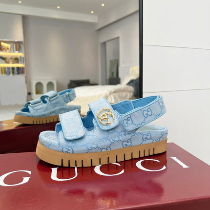 VELCRO STRAP SANDALS IN SKY BLUE MONOGRAM CANVAS GOLD HARDWARE