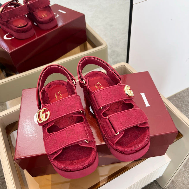 VELCRO STRAP SANDALS IN BRICK RED MONOGRAM CANVAS GOLD HARDWARE