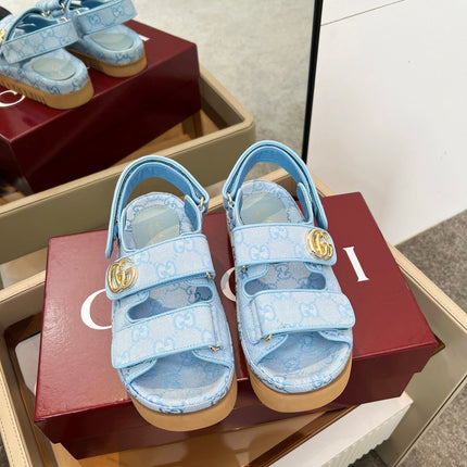 VELCRO STRAP SANDALS IN SKY BLUE MONOGRAM CANVAS GOLD HARDWARE