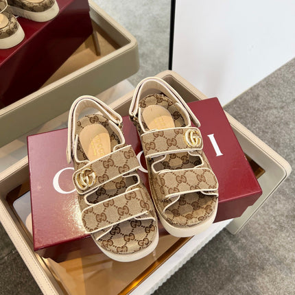 VELCRO STRAP SANDALS IN BEIGE AND DARK BROWN MONOGRAM CANVAS GOLD HARDWARE