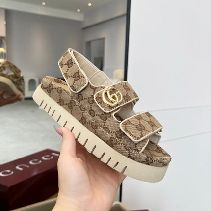 VELCRO STRAP SANDALS IN BEIGE AND DARK BROWN MONOGRAM CANVAS GOLD HARDWARE