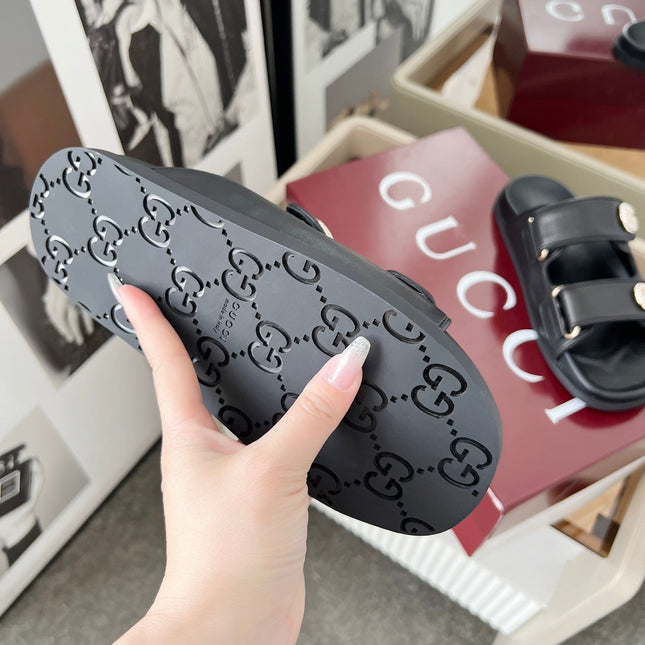 DOUBLE G CRYSTAL FLAT SANDALS IN BLACK SOFT LAMBSKIN