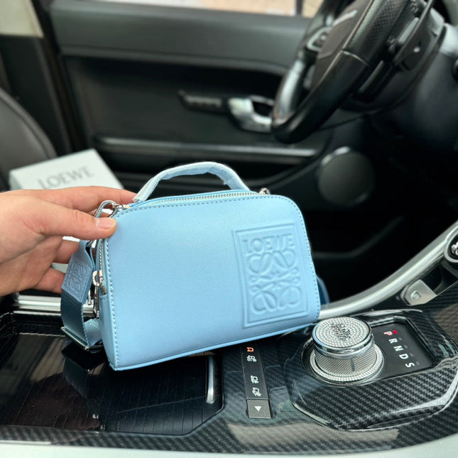 LOE MINI 18 CAMERA CROSS BODY BAG IN LIGHT BLUE CALFSKIN