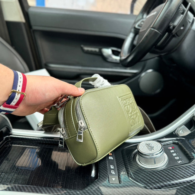 LOE MINI 18 CAMERA CROSS BODY BAG IN OLIVE GREEN CALFSKIN