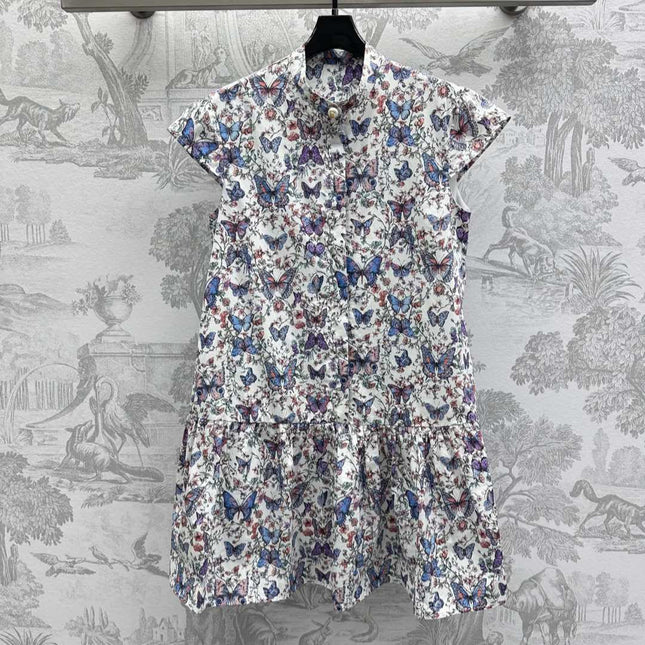 CD Short Dress White Cotton Muslin with Multicolor Motif