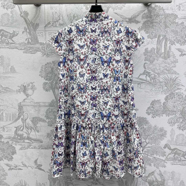 CD Short Dress White Cotton Muslin with Multicolor Motif