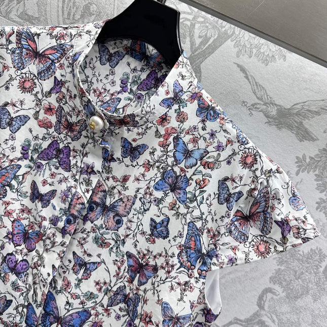 CD Short Dress White Cotton Muslin with Multicolor Motif