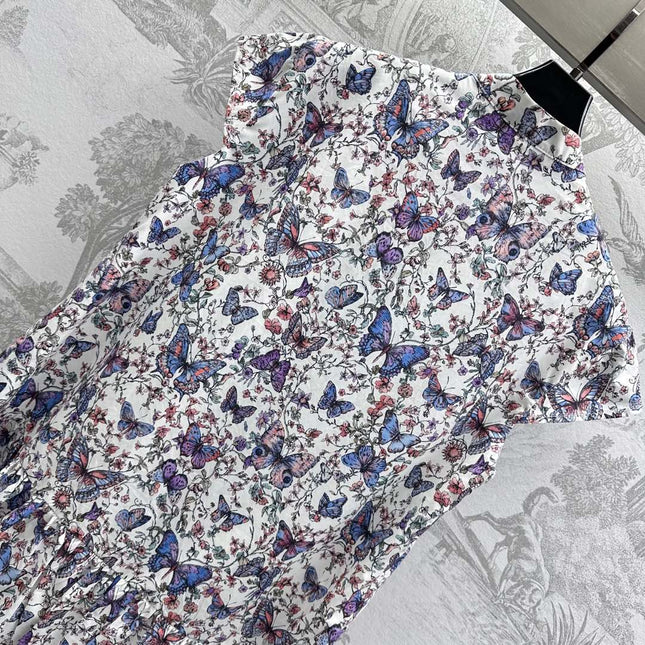 CD Short Dress White Cotton Muslin with Multicolor Motif