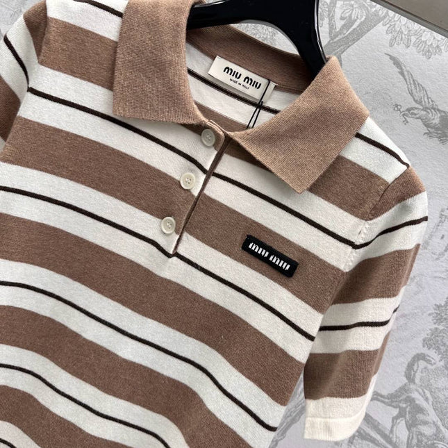 Miu 25 Polo T-Shirt Brown mix Beige Virgin Wool 233466