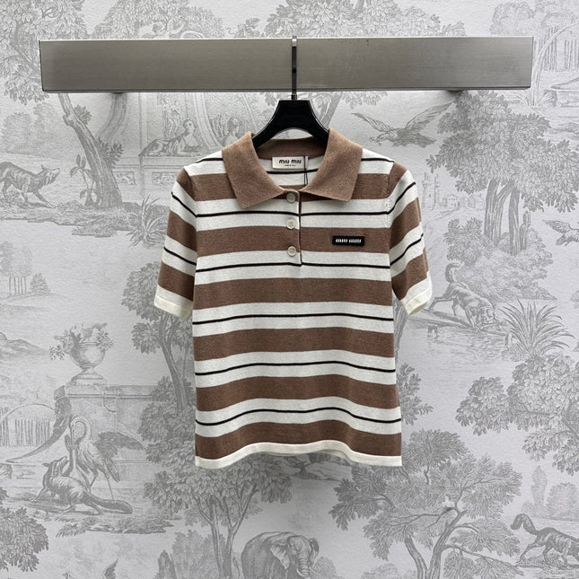 Miu 25 Polo T-Shirt Brown mix Beige Virgin Wool 233466