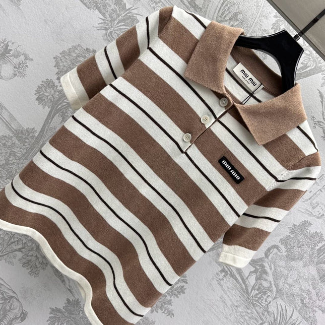 Miu 25 Polo T-Shirt Brown mix Beige Virgin Wool 233466