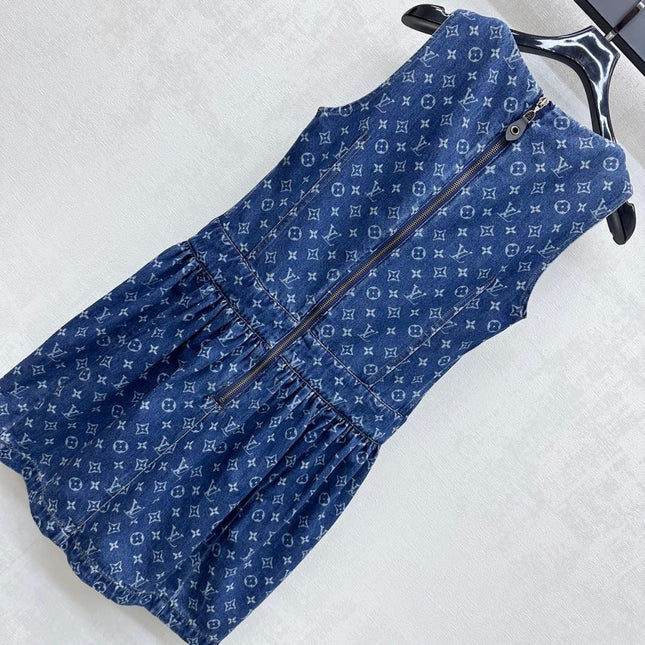 LV DENIM SLEEVELESS ROUND-NECK DENIM BLAZER DRESS 274793