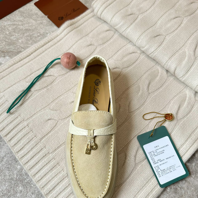 SUMMER WALK LOAFERS BEIGE SUEDE GOLD PADLOCK CHARM