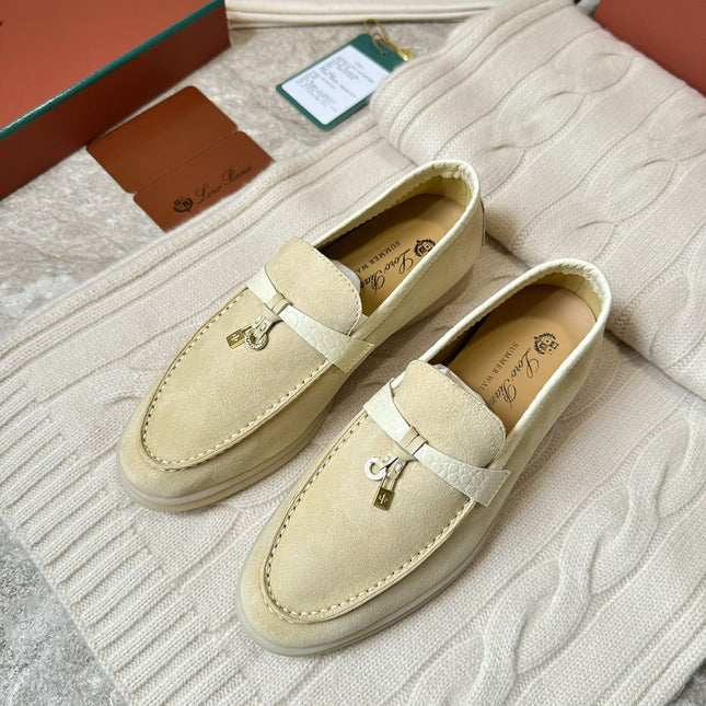 SUMMER WALK LOAFERS BEIGE SUEDE GOLD PADLOCK CHARM