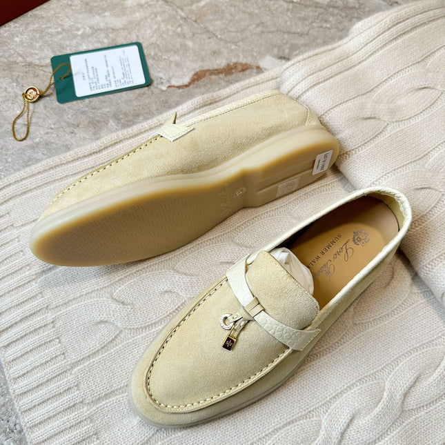 SUMMER WALK LOAFERS BEIGE SUEDE GOLD PADLOCK CHARM